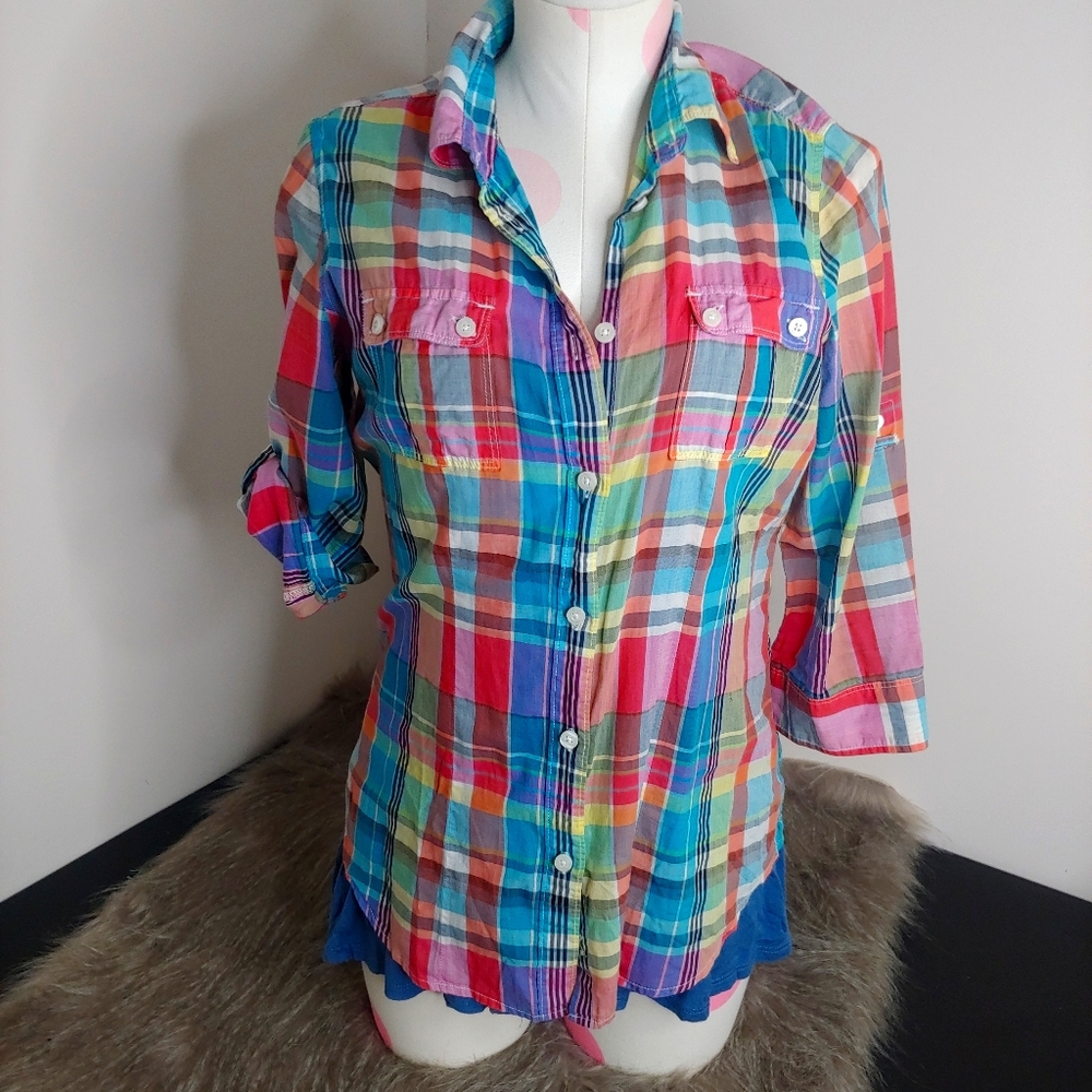 American Eagle Button Down Madras Plaid Shirt - image 1